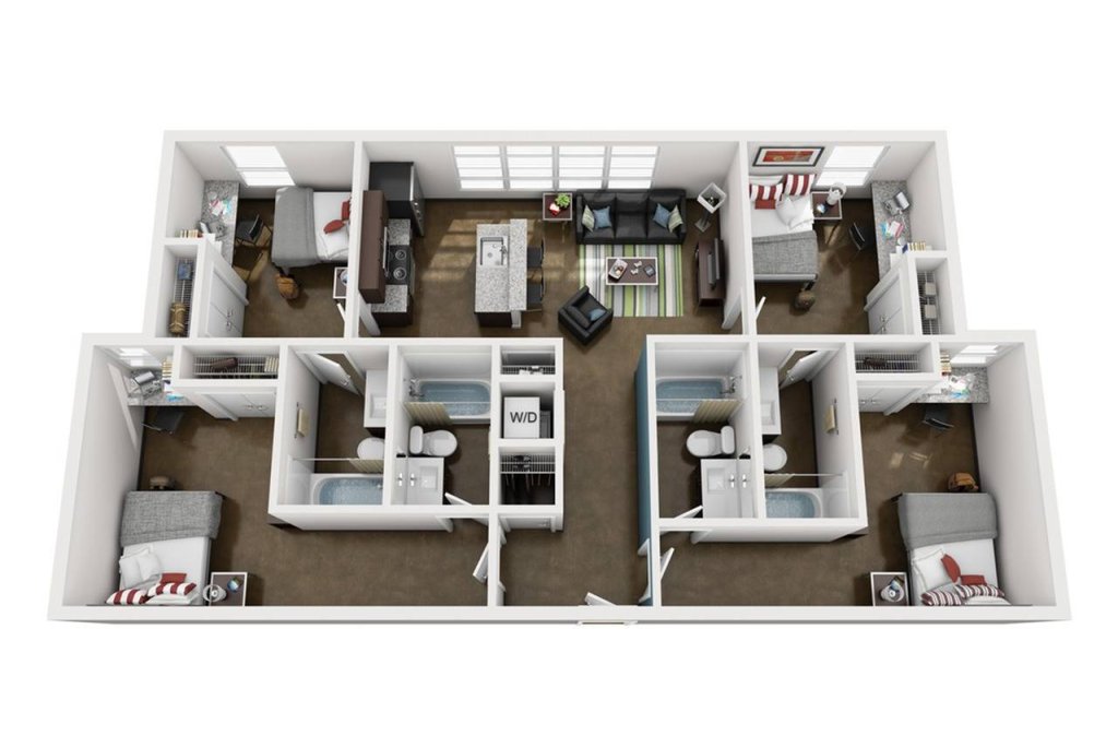 A 3D image of the 4BR/4BA – Elite Tech floorplan, a 1406 squarefoot, 4 bed / 4 bath unit