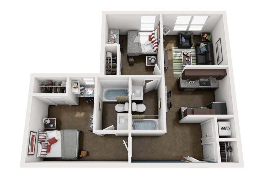 A 3D image of the 2BR/2BA – Elite floorplan, a 900 squarefoot, 2 bed / 2 bath unit