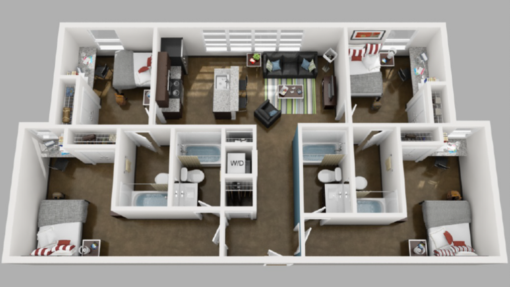 A 3D image of the 4BR/4BA – Elite floorplan, a 1460 squarefoot, 4 bed / 4 bath unit