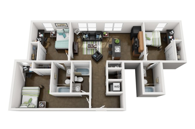 A 3D image of the 3BR/3BA floorplan, a 1191 squarefoot, 3 bed / 3 bath unit