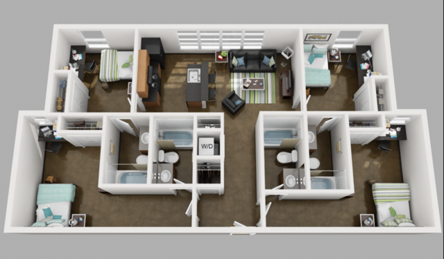 A 3D image of the 4BR/4BA floorplan, a 1460 squarefoot, 4 bed / 4 bath unit