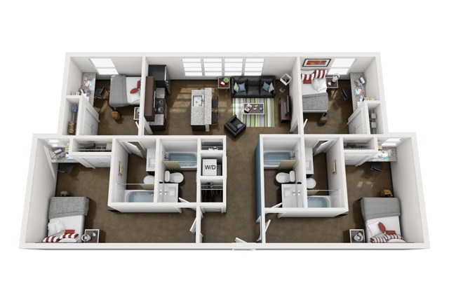 A 3D image of the 4BR/4BA – Elite floorplan, a 1460 squarefoot, 4 bed / 4 bath unit