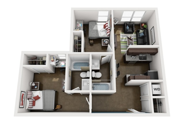 A 3D image of the 2BR/2BA – Elite Tech floorplan, a 900 squarefoot, 2 bed / 2 bath unit