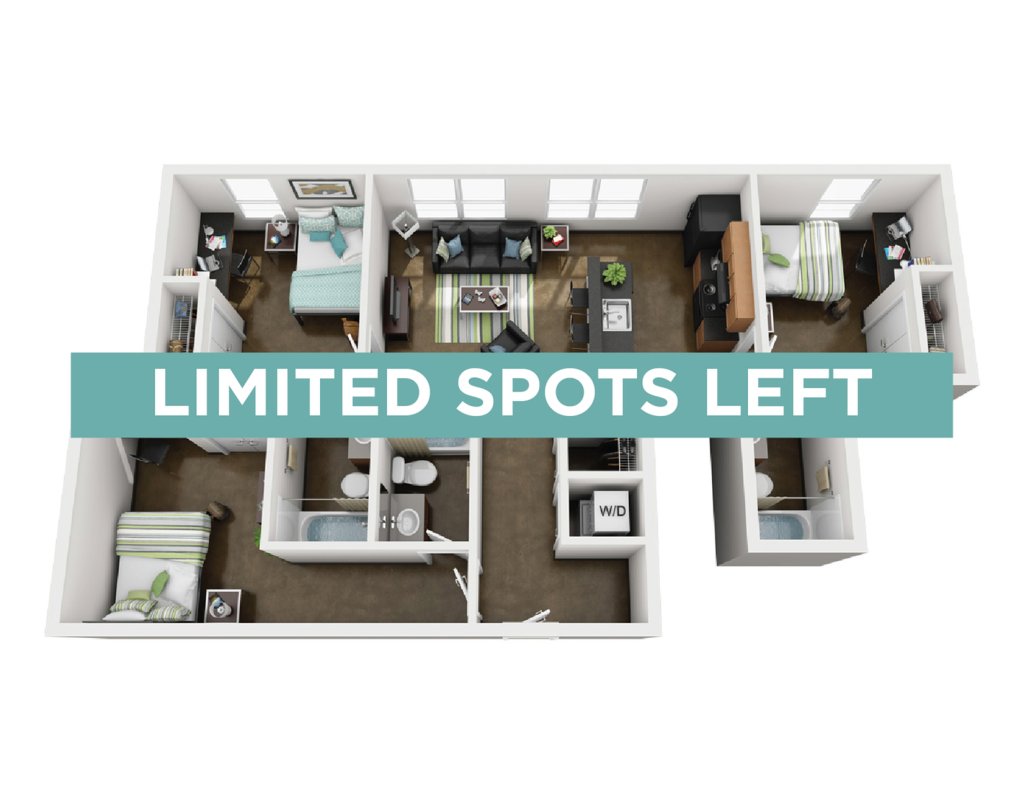A 3D image of the 3BR/3BA floorplan, a 1191 squarefoot, 3 bed / 3 bath unit