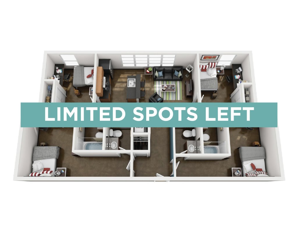 A 3D image of the 4BR/4BA – Elite Tech floorplan, a 1406 squarefoot, 4 bed / 4 bath unit