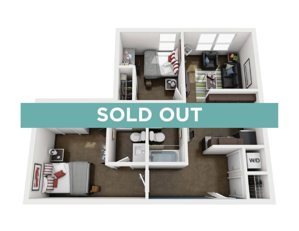A 3D image of the 2BR/2BA – Elite Tech floorplan, a 900 squarefoot, 2 bed / 2 bath unit