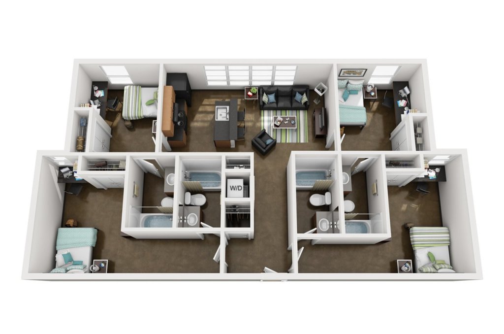 A 3D image of the 4BR/4BA floorplan, a 1460 squarefoot, 4 bed / 4 bath unit