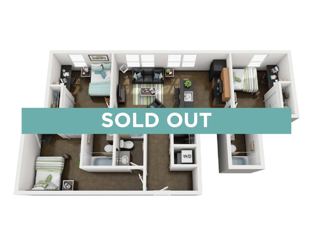 A 3D image of the 3BR/3BA floorplan, a 1191 squarefoot, 3 bed / 3 bath unit