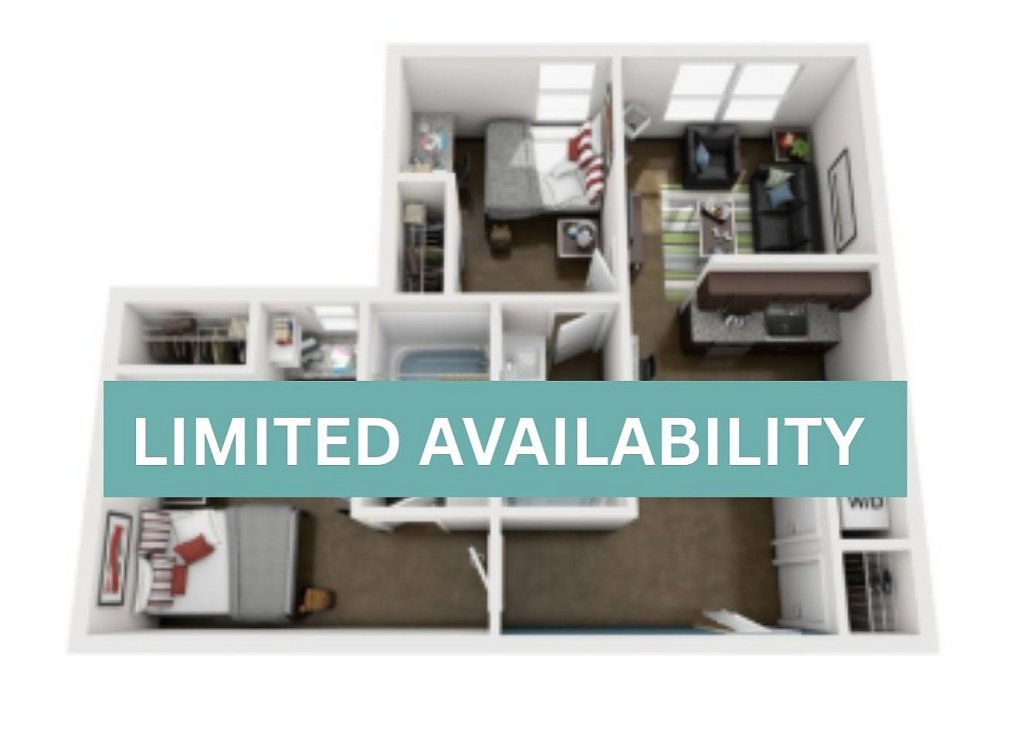 A 3D image of the 2BR/2BA – Elite Tech floorplan, a 900 squarefoot, 2 bed / 2 bath unit