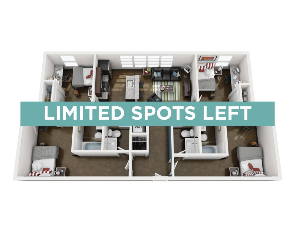 A 3D image of the 4BR/4BA – Elite Tech floorplan, a 1406 squarefoot, 4 bed / 4 bath unit