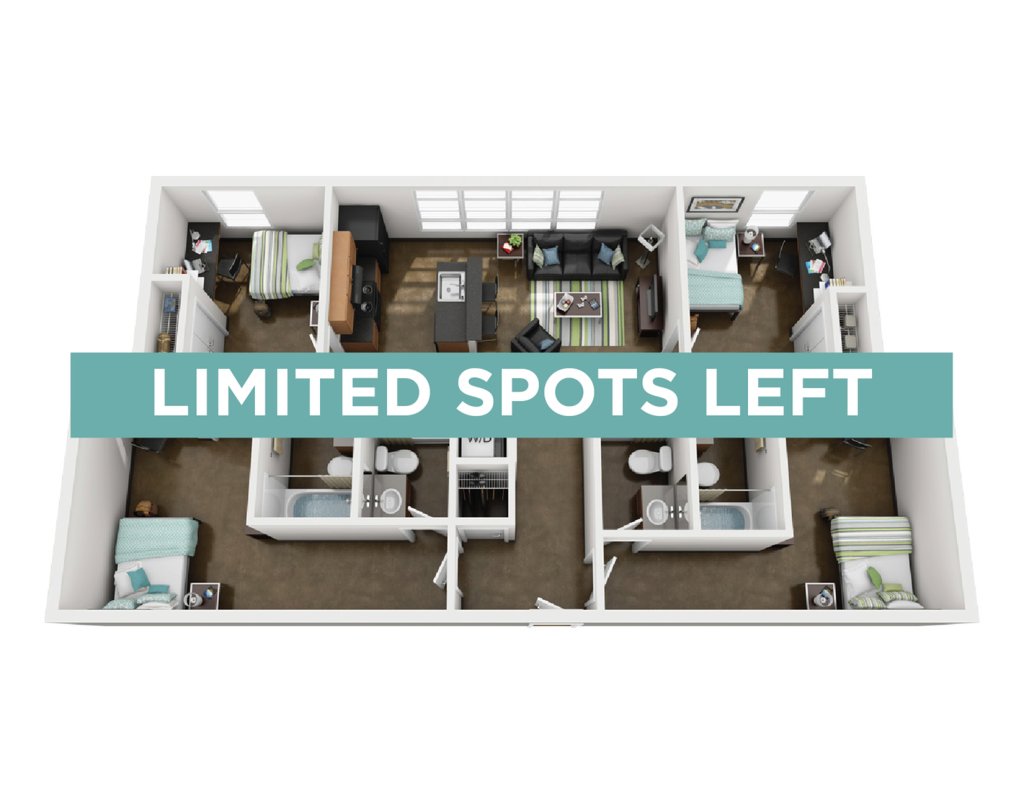A 3D image of the 4BR/4BA floorplan, a 1460 squarefoot, 4 bed / 4 bath unit