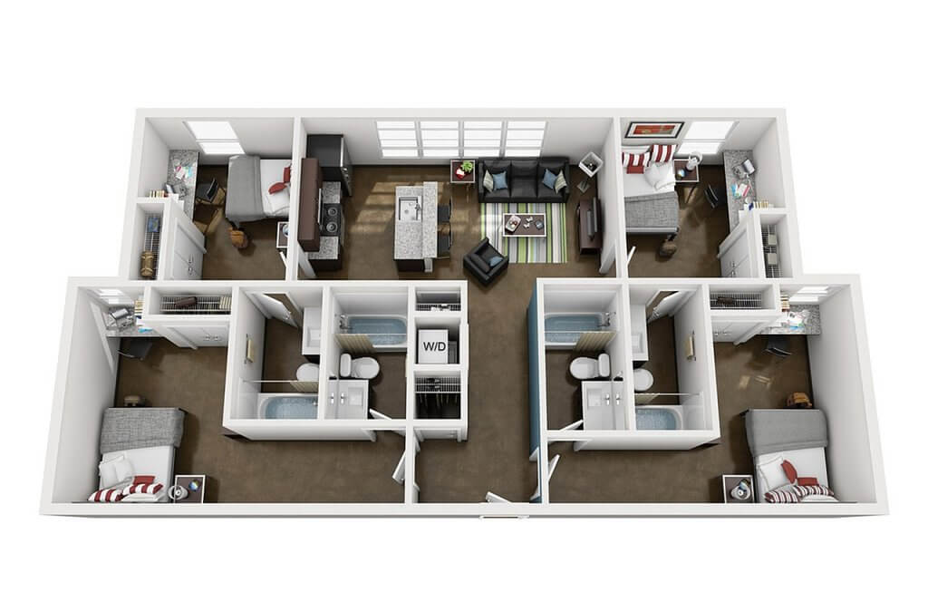 A 3D image of the 4BR/4BA – Elite floorplan, a 1460 squarefoot, 4 bed / 4 bath unit