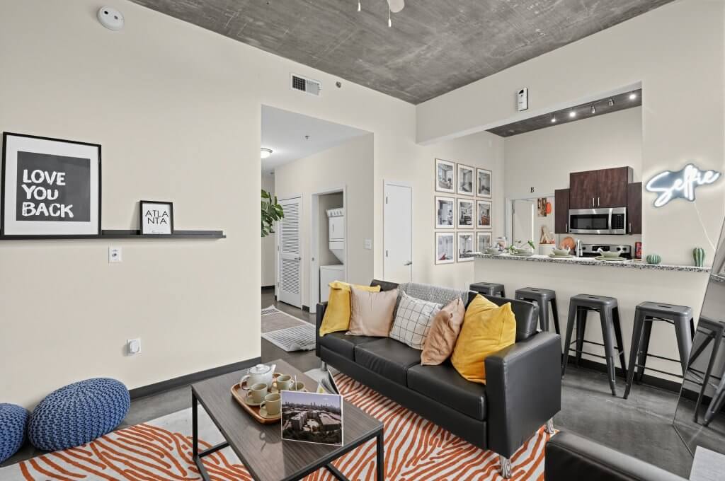 Model apartment living room and kitchen