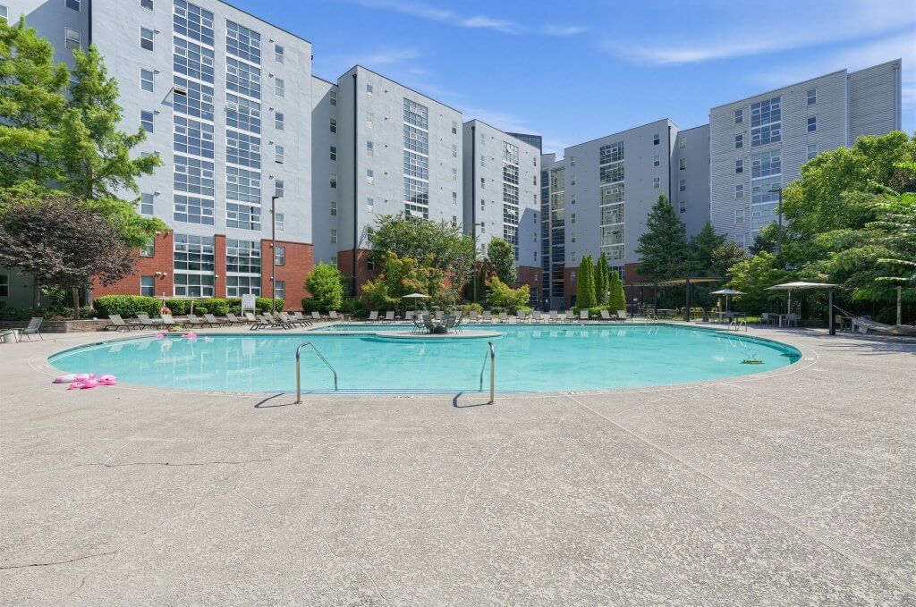 Outdoor swimming pool and sundeck lounge seating